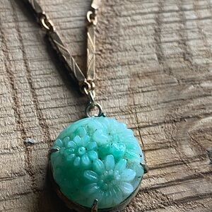 Green and Gold Necklace with Vintage Floral Pendant